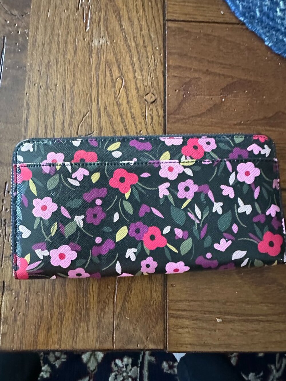 kate spade Black Floral Zip Around Wallet with Pink & Red Blooms